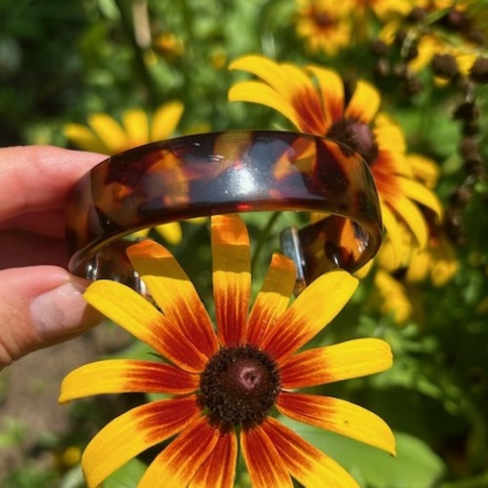 Lucite Tortoise Shell Silver Accent Cuff Bracelet - image 5